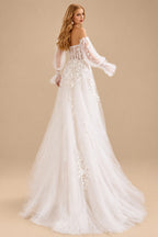Rutipo White A-Line Sweetheart Long Sleeves Chapel Train Chiffon Tulle Wedding Dresses With Appliques Lace High Split Bubble Hem