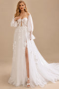 Rutipo White A-Line Sweetheart Long Sleeves Chapel Train Chiffon Tulle Wedding Dresses With Appliques Lace High Split Bubble Hem