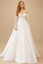 Rutipo White Ball-Gown Sweetheart Detachable Sleeves Court Train Lace Satin Tulle Wedding Dresses With Appliques Lace