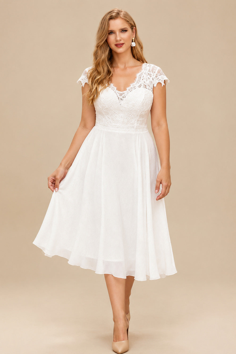 Rutipo White A-Line V-Neck Short Sleeves Knee-Length Chiffon Lace Tulle Wedding Bride With Lace