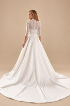 Rutipo White Ball-Gown High Neck 3/4 Sleeves Court Train Chiffon Lace Satin Wedding Dresses With Appliques Lace