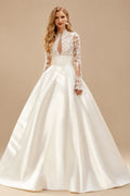 Rutipo Ivory Ball-Gown V-Neck High Neck Long Sleeves Chapel Train Lace Tulle Soft Satin BRIDE With Appliques Lace