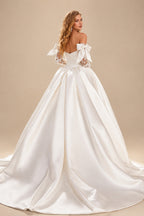 Rutipo White Ball-Gown Plunge Neck Detachable Sleeves Sweep Train Satin Tulle Wedding Dresses With Bow(s)