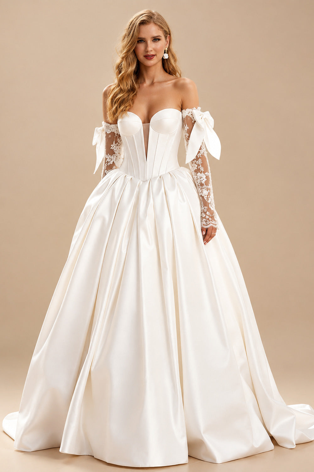 Rutipo White Ball-Gown Plunge Neck Detachable Sleeves Sweep Train Satin Tulle Wedding Dresses With Bow(s)