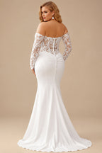 Rutipo White Trumpet Mermaid Off-The-Shoulder Detachable Sleeves Court Train Lace Elastic Satin Wedding Dresses With Appliques Lace