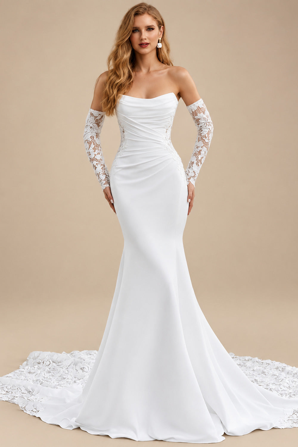 Rutipo White Trumpet Mermaid Off-The-Shoulder Detachable Sleeves Court Train Lace Elastic Satin Wedding Dresses With Appliques Lace
