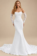 Rutipo White Trumpet Mermaid Off-The-Shoulder Detachable Sleeves Court Train Lace Elastic Satin Wedding Dresses With Appliques Lace