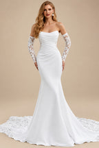 Rutipo White Trumpet Mermaid Off-The-Shoulder Detachable Sleeves Court Train Lace Elastic Satin Wedding Dresses With Appliques Lace