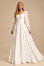 Rutipo White Elegant Sweetheart Long Sleeves A-Line Floor-Length Chiffon Wedding Dresses With Lace