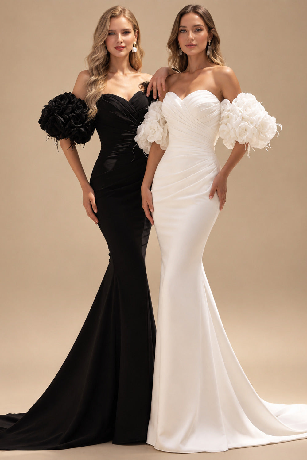 Rutipo Black Trumpet/Mermaid Sweetheart Sleeveless Court Train Elastic Satin Wedding Dresses With Flower(s)