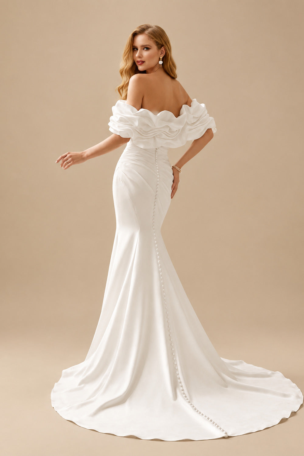 Rutipo Ivory Trumpet/Mermaid Strapless Detachable Sleeves Court Train Matte Satin Wedding Dresses