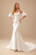 Rutipo Ivory Trumpet/Mermaid Strapless Detachable Sleeves Court Train Matte Satin Wedding Dresses