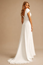 Rutipo Ivory Sheath/Column V-Neck Sleeveless Sweep Train Chiffon Wedding Dresses With High Split