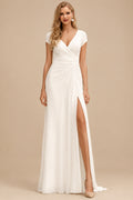 Rutipo Ivory Sheath/Column V-Neck Sleeveless Sweep Train Chiffon Wedding Dresses With High Split