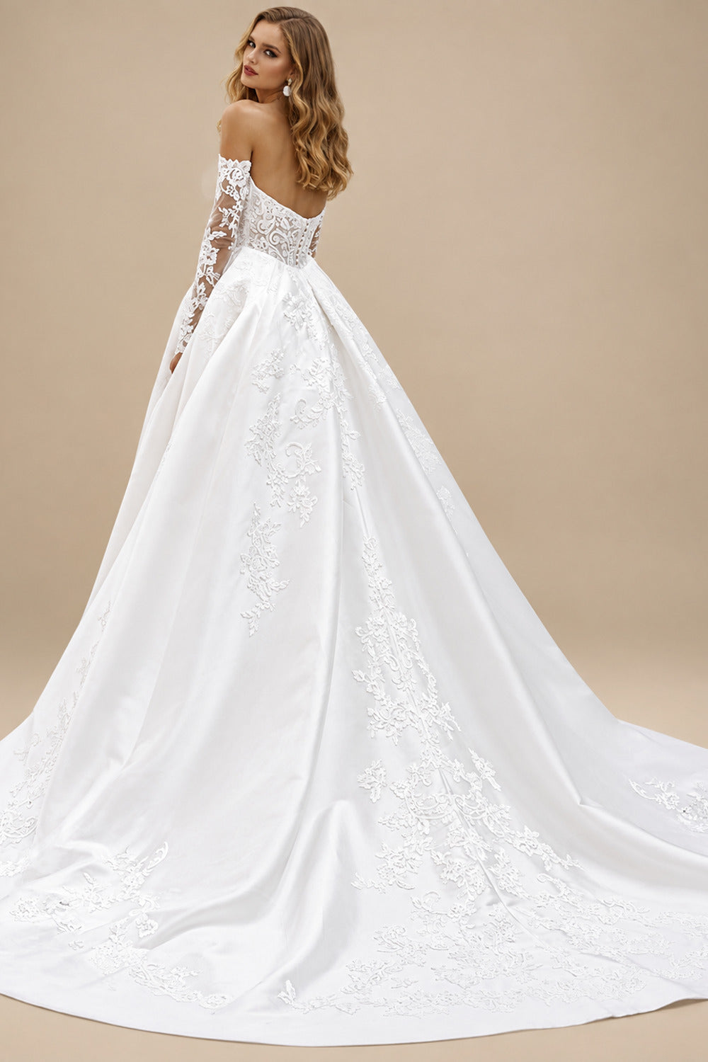 Rutipo White Ball-Gown Sweetheart Detachable Sleeves Court Train Detachable Lace Satin Tulle Wedding Dresses With Appliques Lace