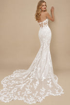 Rutipo White Trumpet Mermaid Square Neckline Sleeveless Chapel Train/Detachable Satin Elastic Satin Wedding Dresses With Lace Appliques Lace