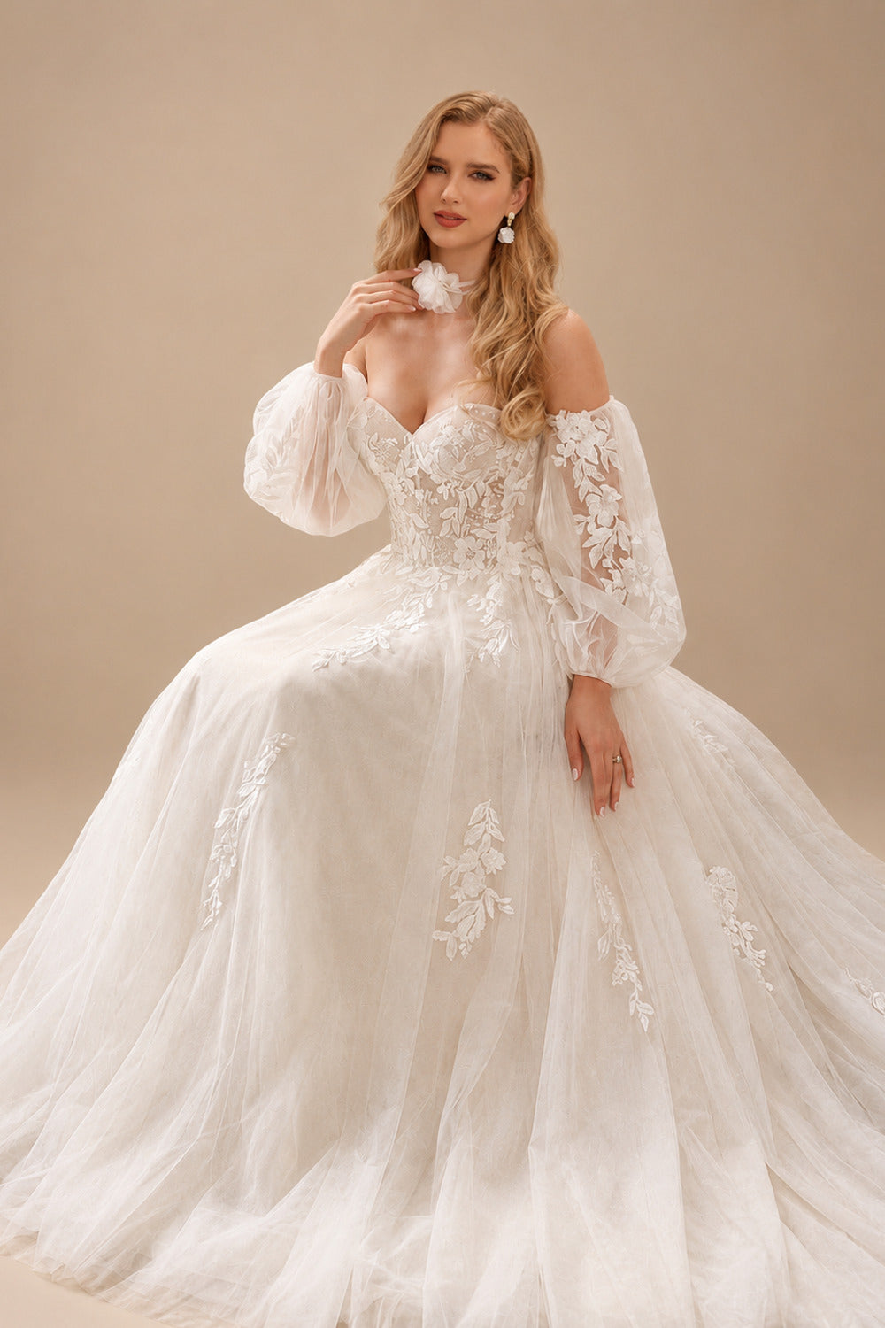 Rutipo As Picture Ball-Gown Sweetheart Detachable Sleeves Chapel Train Chiffon Tulle Wedding Dresses With Appliques Lace