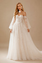 Rutipo As Picture Ball-Gown Sweetheart Detachable Sleeves Chapel Train Chiffon Tulle Wedding Dresses With Appliques Lace