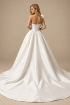 Rutipo Ivory Ball-Gown One-Shoulder Sleeveless Sweep Train Matte Satin Wedding Dresses With Flower(s)