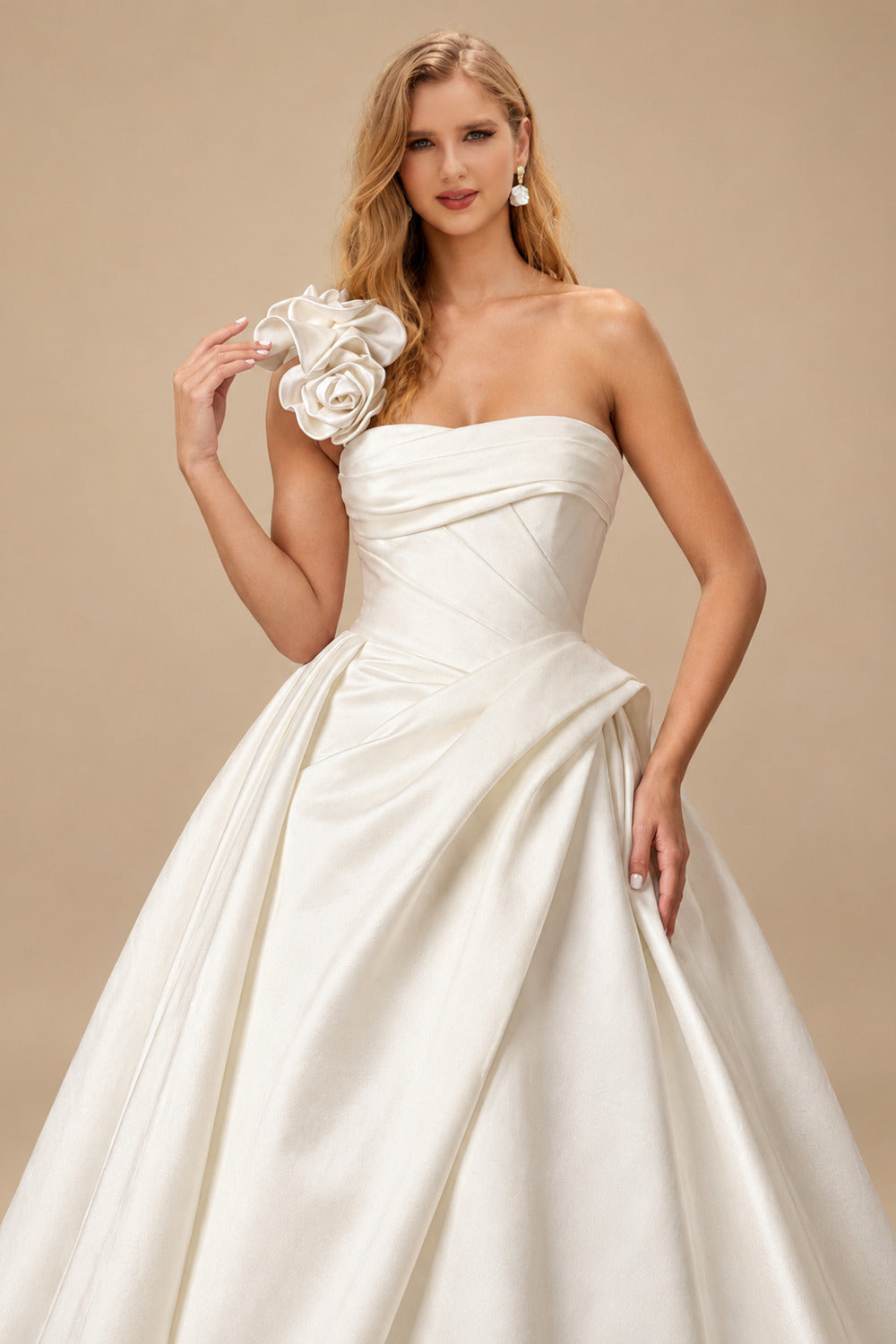 Rutipo Ivory Ball-Gown One-Shoulder Sleeveless Sweep Train Matte Satin Wedding Dresses With Flower(s)