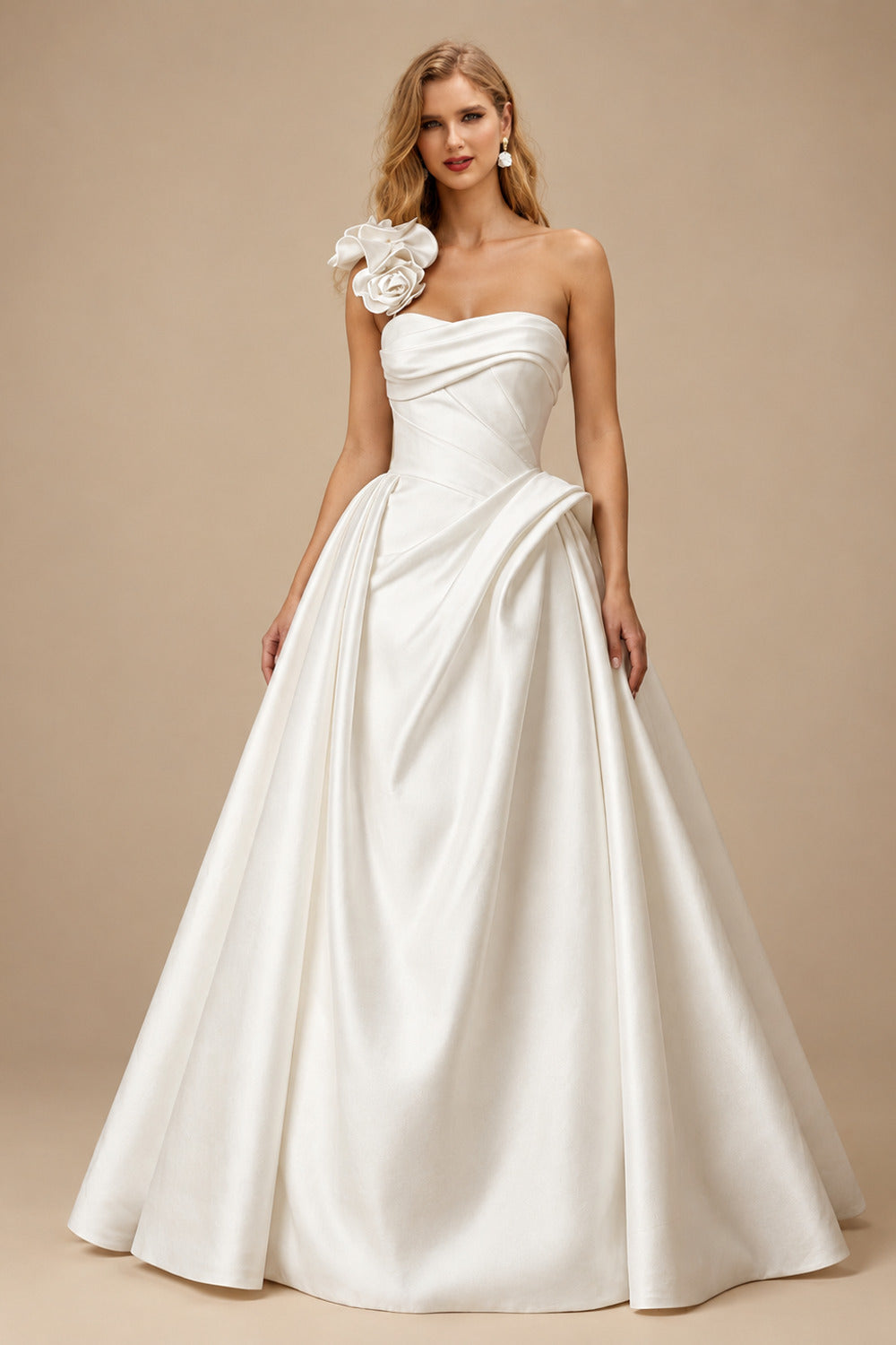 Rutipo Ivory Ball-Gown One-Shoulder Sleeveless Sweep Train Matte Satin Wedding Dresses With Flower(s)