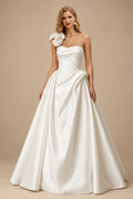 Rutipo Ivory Ball-Gown One-Shoulder Sleeveless Sweep Train Matte Satin Wedding Dresses With Flower(s)