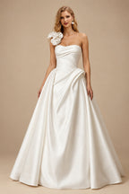 Rutipo Ivory Ball-Gown One-Shoulder Sleeveless Sweep Train Matte Satin Wedding Dresses With Flower(s)