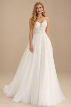 Rutipo White A-Line Sweetheart Sleeveless Court Train Satin Tulle Wedding Dresses With Appliques Lace