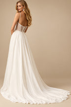 Rutipo Ivory A-Line Square Neckline Sleeveless Sweep Train Wedding Dresses With Appliques Lace/High Split
