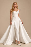 Rutipo Ivory Jumpsuit Pantsuit Sweetheart Sleeveless Detachable Soft Satin Wedding Dresses With Bow
