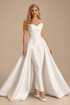 Rutipo Ivory Jumpsuit Pantsuit Sweetheart Sleeveless Detachable Soft Satin Wedding Dresses With Bow