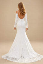 Rutipo Ivory Trumpet/Mermaid Off-The-Shoulder Court Train Wedding Dresses With Appliques Lace/High Split
