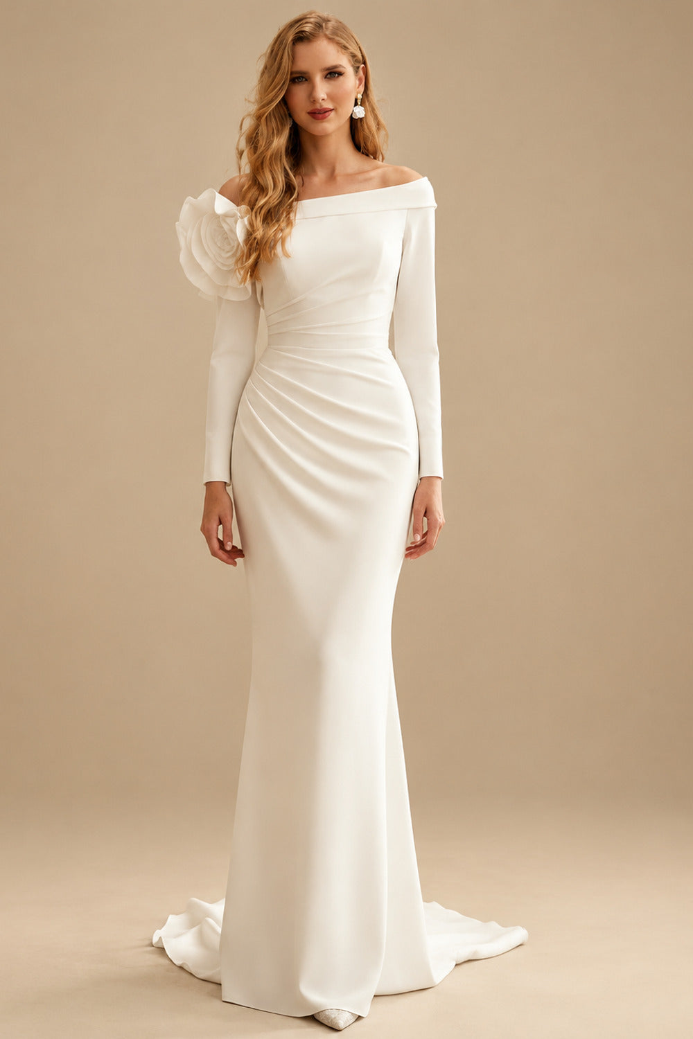 Rutipo Ivory Trumpet/Mermaid Off-The-Shoulder Long Sleeves Sweep Train Elastic Satin Wedding Dresses With Flower(s)