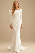Rutipo Ivory Trumpet/Mermaid Off-The-Shoulder Long Sleeves Sweep Train Elastic Satin Wedding Dresses With Flower(s)
