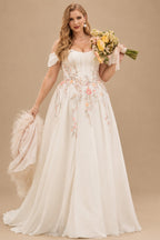 Rutipo White A-Line Off-The-Shoulder Cape Sleeves Court Train Satin/Stretch Chiffon Wedding Dresses With Split Front/Appliques Lace