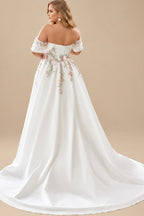 Rutipo White A-Line Off-The-Shoulder Cape Sleeves Court Train Satin/Stretch Chiffon Wedding Dresses With Split Front/Appliques Lace