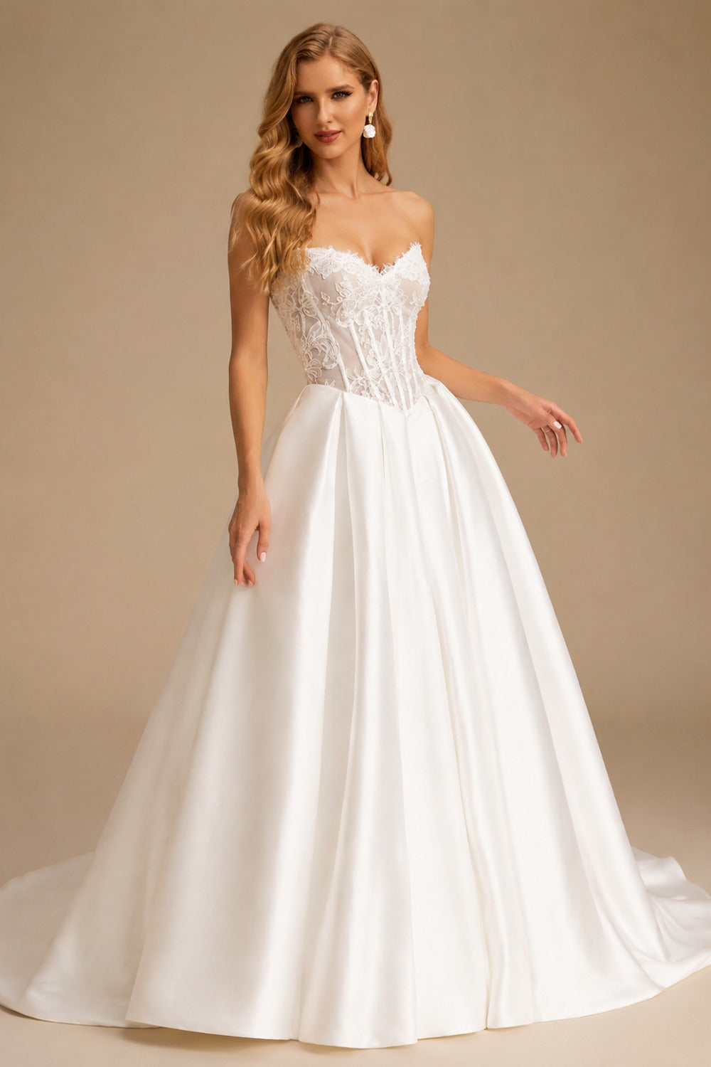 Rutipo White Ball-Gown Strapless Sleeveless Chapel Train Matte Satin Wedding Dresses With Pockets