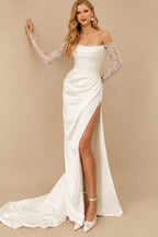 Rutipo Ivory Trumpet/Mermaid Off-The-Shoulder Long Sleeves Court Train Lace/Acetate Satin Wedding Dresses With High Split