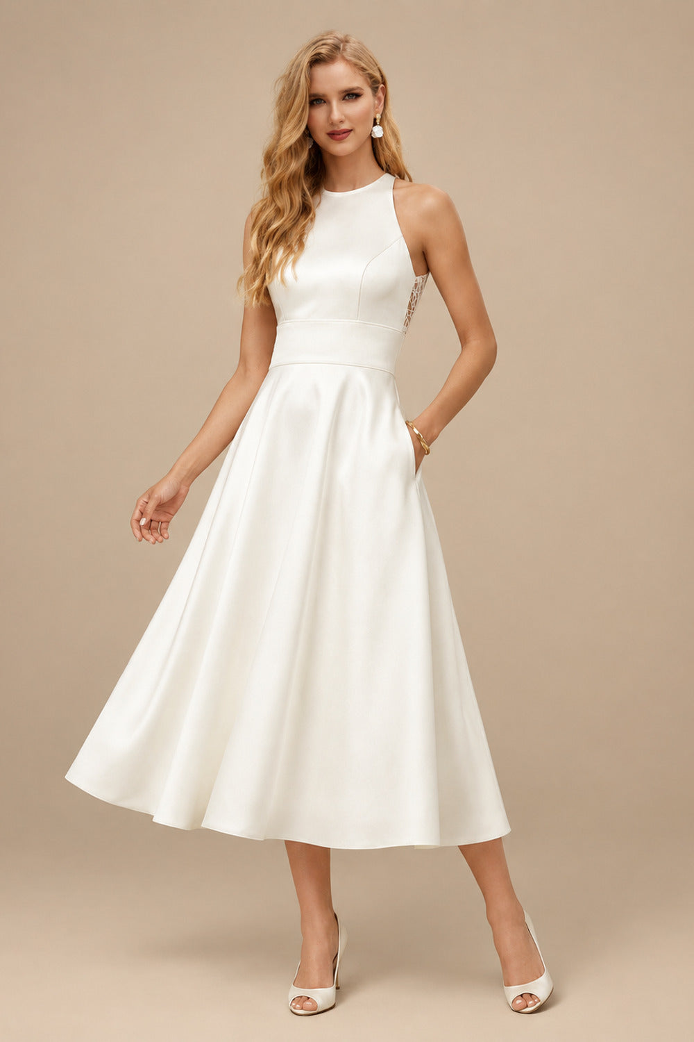 Rutipo Ivory Elegant Halter Sleeveless A-Line Tea-Length Lace/Satin Wedding Dresses With Pockets/Back Hole