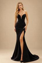 Rutipo Black Trumpet/Mermaid Sweetheart/Plunge Neck Sleeveless Court Train Elastic Satin/Organza Wedding Dresses With Flower(s)/High Split