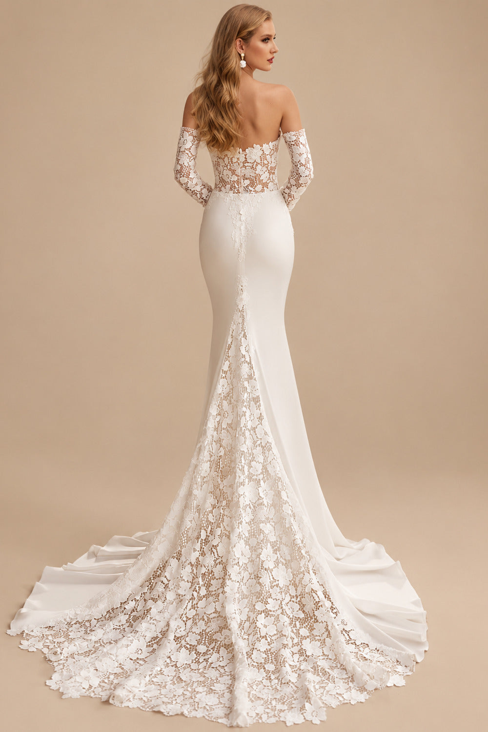 Rutipo Ivory Trumpet/Mermaid Sweetheart Detachable Sleeves Sweep Train Lace/Elastic Satin Wedding Dresses