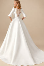 Rutipo Ivory Ball-Gown V-Neck 1/2 Sleeves Royal Lace Wedding Bride With Flower(s)