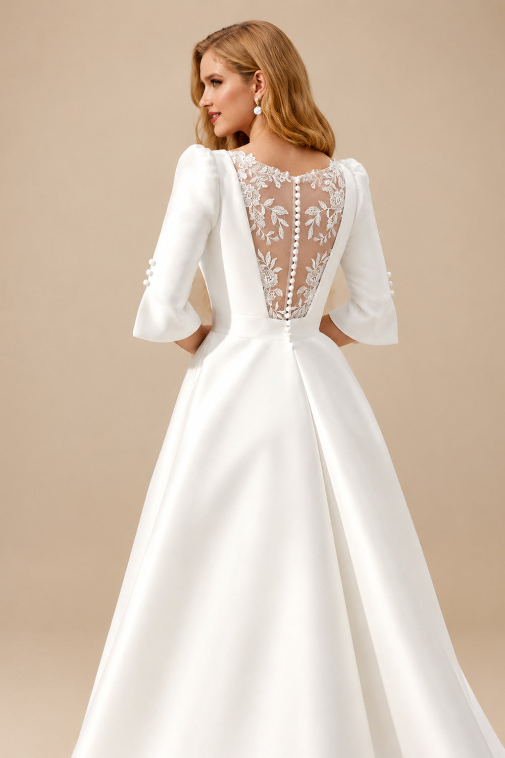 Rutipo Ivory Ball-Gown V-Neck 1/2 Sleeves Royal Lace Wedding Bride With Flower(s)