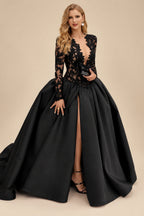 Rutipo Black Ball-Gown Illusion Neck Long Sleeves Court Train Lace/Satin Wedding Dresses With Appliques Lace/High Split