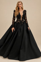 Rutipo Black Ball-Gown Illusion Neck Long Sleeves Court Train Lace/Satin Wedding Dresses With Appliques Lace/High Split
