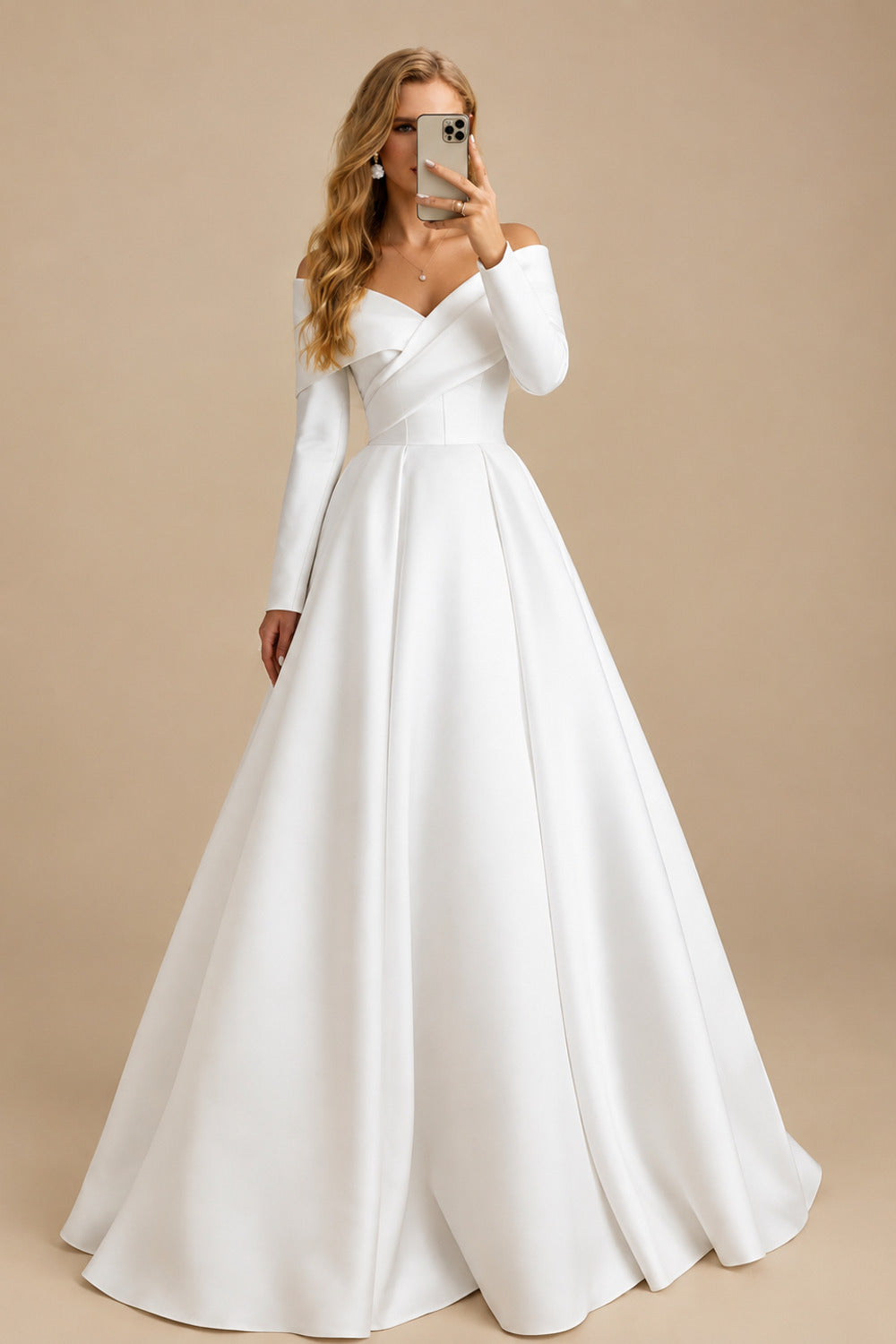 Rutipo As Picture Elegant Ball-Gown Off-The-Shoulder Long Sleeves Court Train Satin Wedding Dresses