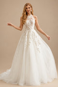 Rutipo Ivory Ball-Gown Halter Sleeveless Court Train Lace/Satin Wedding Dresses With Appliques Lace