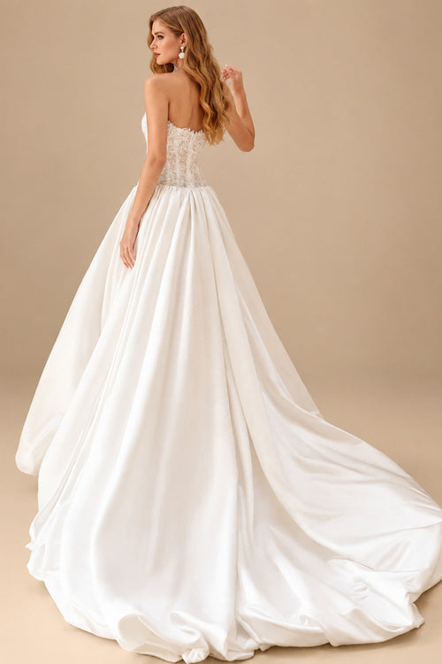 Rutipo Ivory Ball-Gown Strapless Sleeveless Cathedral Lace/Matte Satin Wedding Dresses With Bubble Hem