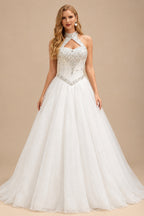 Rutipo White Sparkle & Shine Halter Sleeveless Ball-Gown Floor-Length Satin/Tulle Wedding Dresses With Rhinestone