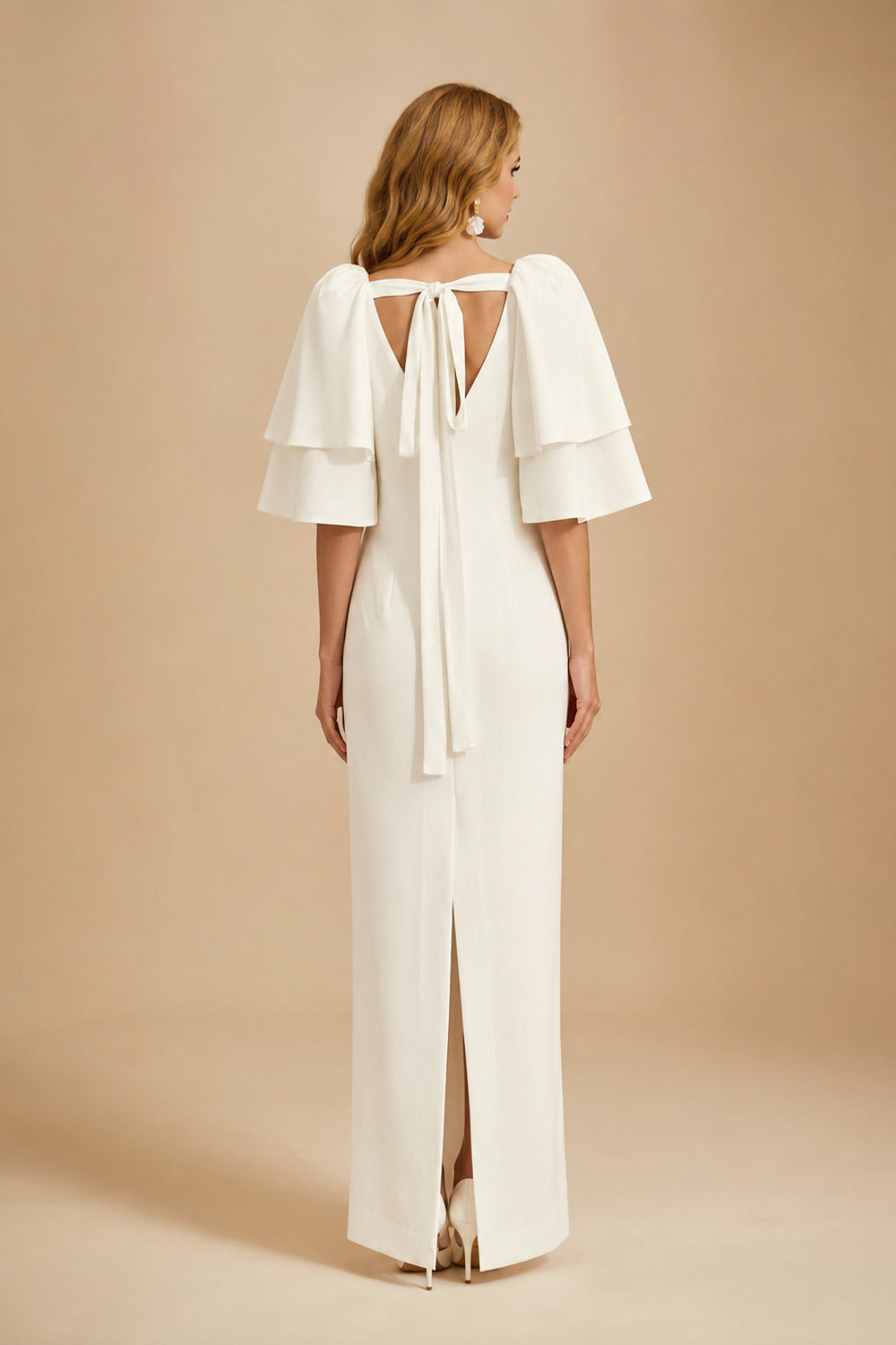 Rutipo Ivory Sheath/Column 1/2 Sleeves Floor-Length Matte Satin Wedding Dresses With Cascading Ruffles